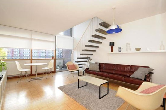 Two bedroom split-level apartment in Hatfield House in the 1950s grade II-listed Golden Lane Estate, London EC1