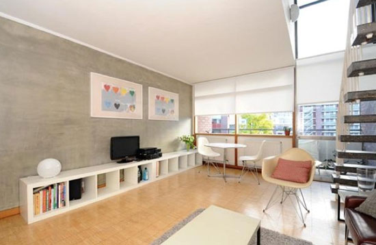 Two bedroom split-level apartment in Hatfield House in the 1950s grade II-listed Golden Lane Estate, London EC1