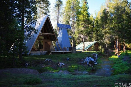 1960s A-frame house and additional buildings in Bass Lake, California, USA