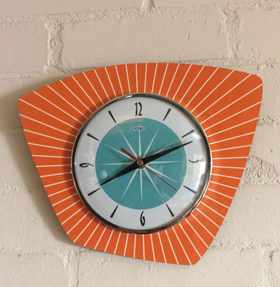 1950s-style midcentury modern clocks by Royale Enamel