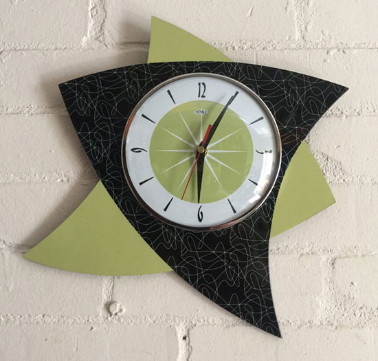 1950s-style midcentury modern clocks by Royale Enamel