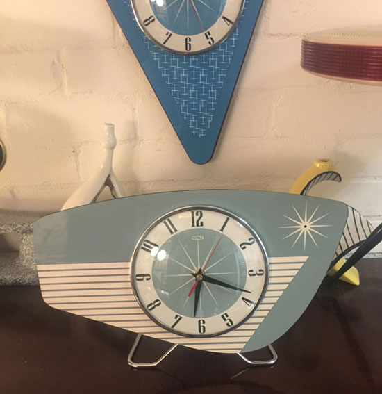 1950s-style midcentury modern clocks by Royale Enamel