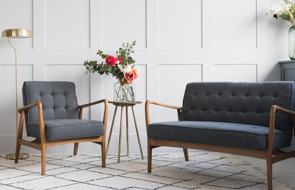 Mid-century linen sofa and armchair at Rose & Grey